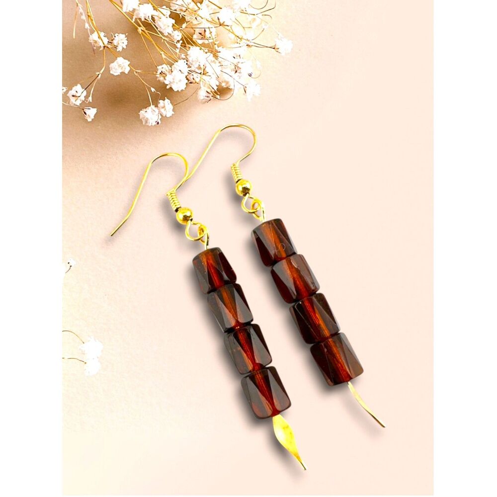Amber Brown Czech Glass Earrings Gold Plated Faceted Dangle Minimalist Handmade - Picture 9 of 10